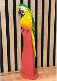 Resim El Yapımı Ahşap Papağan Heykeli Kütük Üzeri El Oyması & El Boyaması Dekor 45 Cm Özel Üretim Myk Hediye Ve Sanat 