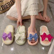 Resim Macaron Renkli Fiyonklu Kayma Üzerinden Kalın Tabanlı Sandaletler, PVC Malzeme, Düşük Topuk - Her Mevsim 