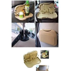 Resim Araç İçi Koltuk Arkası Katlanabilir Bardak Tutuculu Bej Tepsi 