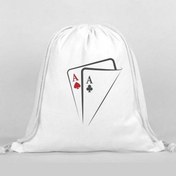 Resim İskambil Kağıdı Baskılı Sırt Çantası - İp Büzgülü Spor Çanta Beyaz 