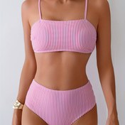 Resim Kadınlar İçin Çizgili Omuz Açık/Bir Omuz Polyester Kolsuz Yüksek Esnek Bikini Takımı 