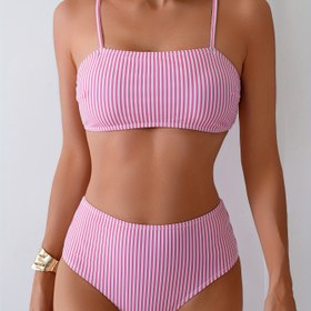 Resim Kadınlar İçin Çizgili Omuz Açık/Bir Omuz Polyester Kolsuz Yüksek Esnek Bikini Takımı 