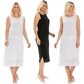 Resim Eliş Şile Bezi Pamuk Şile Bezi Kombinezon Kadın Kalın Atlet Askılı Uzun Elbise Astarı 3'lü Set Beyaz-siyah-beyaz Byz/syh/by-beyaz-siyah-beyaz Beyaz - Siyah 