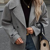 Resim Kadınların Zarif Çift Düğmeli Yaka Montu, %100 Polyester Uzun Kollu Düz Renk H-Şekilli Bol Kesim, Düğme Detaylı Tüm Mevsim Dokuma Dış Giyim 