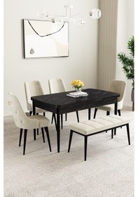 Resim Mabel Siyah Mermer Desen 80x132 Açılabilir Yemek Odası Takımı 4 Sandalye, 1 Bench Krem 