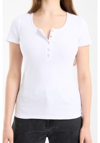 Resim Hdm Kadın Esnek Fitilli Yakası Çıtçıtlı Beyaz Kısa Kol Basic Örme Bluz - H5993-55 Beyaz 