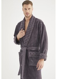 Resim Yaka Jakarlı %100 Cotton Erkek Bornozu Antrasit 