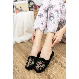 Resim Moda Fırsat Siyah Kanaviçe Kadın Ev Terliği Kışlık Kapalı Yumuşak Terlik Nakışlı Doğum Çeyiz Misafir Terliği 