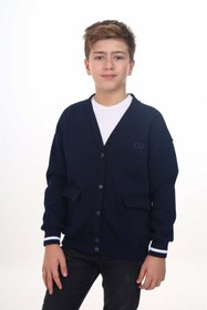 Resim Toontoy Lacivert Erkek Çocuk V Yaka Çıtçıt Kapama Cepli Düşük Omuz Nakış Baskılı Örme Hırka 