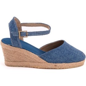 Resim Gerçek Elişi Topuğu Açık Bilekten Bantlı Dolgu Topuk Keten Hasır Espadril Handmade Mavi 