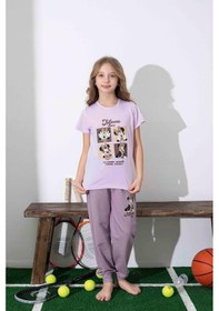 Resim Kız Çocuk Mini Desenli Lila Pijama Takımı-1313 Lila 