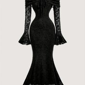 Resim Kadınlar İçin Zarif Fransız Esintili Omuz Düşük/Bir Omuz Uzun Kollu A Kesim Dantel Detaylı ve Kontrast Dantel Kollu Uzun Elbise - Parti, Düğün, Balo İçin Dik Uzunlukta Resmi Abiye - Makinede Yıkanabilir Sonbahar/Kış Koleksiyonu, Düğün Misafir Elbisesi 