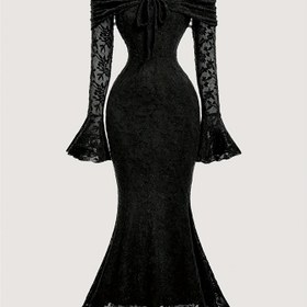 Resim Kadınlar İçin Zarif Fransız Esintili Omuz Düşük/Bir Omuz Uzun Kollu A Kesim Dantel Detaylı ve Kontrast Dantel Kollu Uzun Elbise - Parti, Düğün, Balo İçin Dik Uzunlukta Resmi Abiye - Makinede Yıkanabilir Sonbahar/Kış Koleksiyonu, Düğün Misafir Elbisesi 