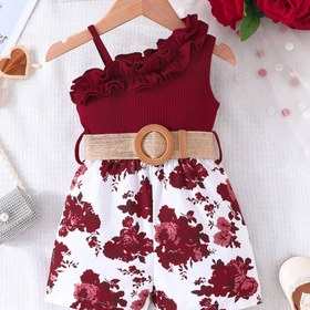 Resim Bebek Tatil Stili Çiçek Desenli Tek Omuz Askılı Kemerli Tulum, Yazlık Günlük ve Dış Mekan Kullanımı İçin Bebek ve Küçük Kız Bebek Zıbını 