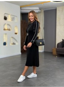Resim Kadın Uzun Kollu Bisiklet Yaka Midi Modal Elbise Siyah 