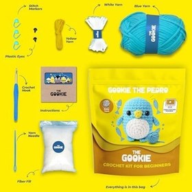 Resim The Gookie Başlangıç Amigurumi Seti, Pedro Örgü Oyuncak, Tığ İşi El Yapımı Kit, Mavi Ve Beyaz İplikli, Video Eğitimli 