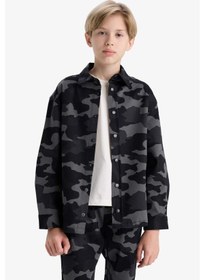 Resim Defacto Erkek Çocuk Oversize Geniş Kalıp Polo Yaka Kamuflaj Desenli Gabardin Uzun Kollu Gömlek F1507a825augr164 Gri 