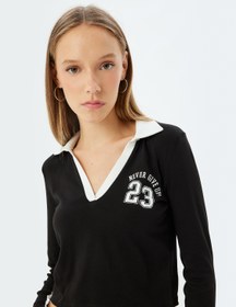 Resim Polo Yaka Tişört Crop Uzun Kollu Kolej Baskılı Biyeli Slim Fit 