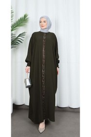 Resim HNT Hayrunnisa Tesettür Yarasa Kol Leopar Taşlı Elbise Haki HNT8526 