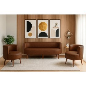 Resim Sydney Koltuk Takımı 3+1+1 Dekoratif Modern Deri Koltuk Seti Ofis Ve Ev Kullanımı - Acı Kahve Acı Kahve 