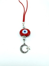 Resim biuti Kırmızı Nazar Boncuğu Araba Dikiz Ayna Süsü Metal Ay Yıldızlı El Yapımı Cam Danagözü Hediyelik 