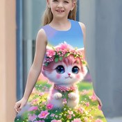 Resim Sevimli Kız Kolluksuz Yazlık Elbise - Pembe Kedi & Çiçek Baskılı, %100 Polyester, Doğum Günü Partileri & Günlük Kıyafetler için Rahat A-Line Stili, Kızlar için Elbiseler 