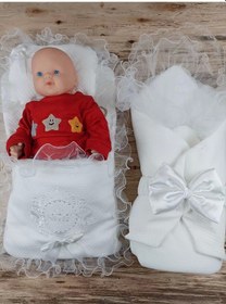 Resim Yenidoğan Bal Peteği Taç Nakışlı Kundaklı Trilüks 3lü Alt Açma Seti Ekru Ekru 