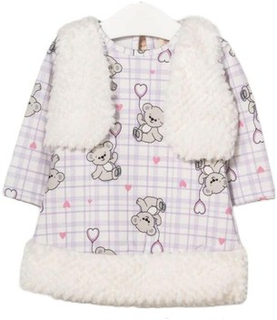 Bupperkids Kız Bebek Ayıcık Desenli Ekoseli Yelekli Lila Elbise 001