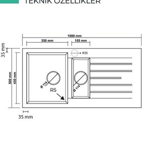 Resim Realstone Antrasit P05 Troya 100 1000x500 1.5 Göz Damlalıklı Granit Eviye 