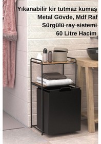Resim 2 Katlı Çamaşır Sepeti Kirli Sepeti Ahşap Raflı Banyo Dolabı Banyo Düzenleyici Organizer Mat Siyah Mg100 Siyah 
