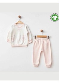 Resim Kız Bebek Kalp Desenli Organik Eşofman Takım-15474 Pudra 