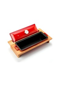 Resim Lava Döküm Ekmek Tenceresi / Kayın Ağacı Servis Standı / Terrine Serisi. Ölçü 11x29cm. - Kırmızı 