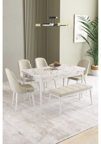 Resim Ikon Beyaz Mermer Desen 80x132 Mdf Açılabilir Mutfak Masası Takımı 4 Sandalye, 1 Bench Krem 
