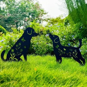 Resim Metal Köpek Bahçe Dekoru - Çiçek ve Kelebek Motifli Dayanıklı Metal Bahçe Süsü 