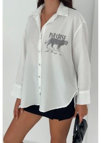 Resim Asprin Fashion Dril Kumaş Paradise Baskılı Taşlı Gömlek Gümüş Gümüş 