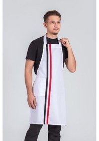 Resim Erkek Boyundan Asmalı Çizgili Barista Şef Mutfak Önlüğü Beyaz 