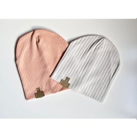 Resim 3'lü Organik %100 Pamuk Bebek Şapka Bebek Bere Ağız Mendili Hediye Mavi Yeşil Bej Renk Somon - Bej 