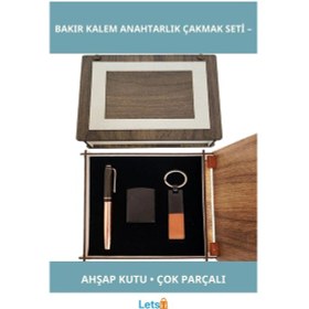 Resim Özel Ahşap Kutulu Bakır Roller Kalem, Anahtarlık Ve Çakmak Seti 