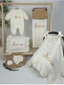 Resim Gros Shop Müslin Yeni Doğan 4katlı Organik %100pamuk Kişiye Özgü Nakışlı Hastane Çıkış Seti Papatya Model-13 Ekru-1 