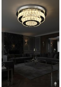 Resim Ahu Kristal Taşlı 3 Kademeli Modern Ledli Salon Avize Krom 