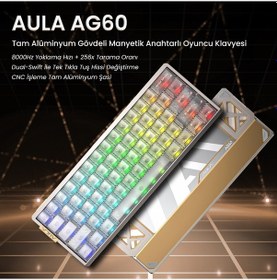 Resim Aula Ag60 Alüminyum Manyetik Klavye Hall Effect Snowglow Switch 8000hz Rgb Tkl Hot Swap Oyuncu Klavyesi Şeffaf 