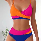 Resim Çapraz dikiş desenli ve renk bloklu bikini seti 