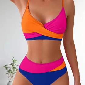 Resim Çapraz dikiş desenli ve renk bloklu bikini seti 