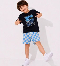 Resim Cg Kids Palmiye Baskılı Siyah T-shirt Ve Damalı Şortlu Erkek Çocuk Alt Üst Takım - Pamuklu Yazlık Ço 