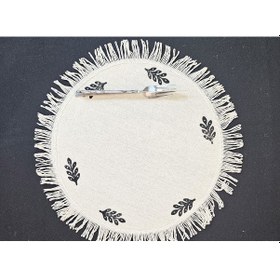 Resim %100 Pamuklu Ham Keten Pamuk Püsküllü Minik Desen Taş Baskı 6' Lı Amerikan Servisi Supla Yuvarlak 40cm Naturel 