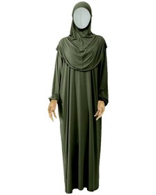 Resim Kız Çocuk Tesettür Elbisesi Tek Parça Namaz Kıyafeti Tak Çıkar Başörtülü Pamuklu Lastikli Kolu Haki 