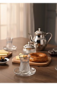 Resim El İşçiliği Kare Kesme Dekorlu 12 Parça 6 Kişilik Çay Takımı - Lüks Cam Set Şeffaf 