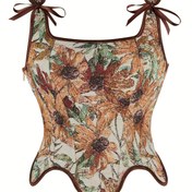Resim Kadınlar için Retro Tarzı Dantel Detaylı Jakarlı Korse Üstü - Ayarlanabilir Dantelli Arka, Ön Düğme Kapanışı, Yüksek Destek, Rahat ve Zarif, Retro Partiler ve Kostüm Giyim için, Vintage Parti Elbisesi, Ayarlanabilir Fit Üst, İncelikli Desenli Üst 