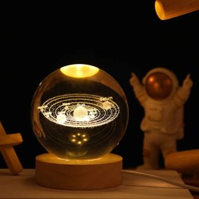 Resim Gezegenler Temalı Ahşap Altlıklı Işıklı Cam Küre 