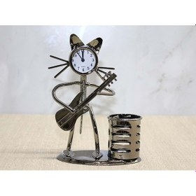 Resim Metal Gitar Çalan Kedi Müzisyen Saat Ve Kalemlik Çok Renkli 